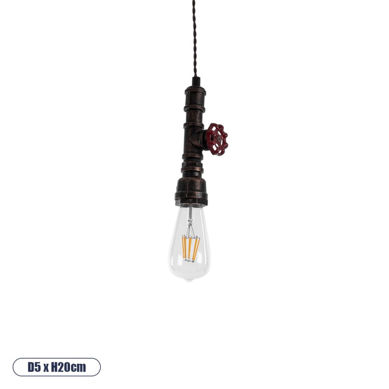 GloboStar® SPIGOT 01414 Vintage Κρεμαστό Φωτιστικό Ανάρτηση Μονόφωτο 1 x E27 IP20 Καφέ & Κόκκινο Μέταλλο - Μ5 x Π5 x Y20cm