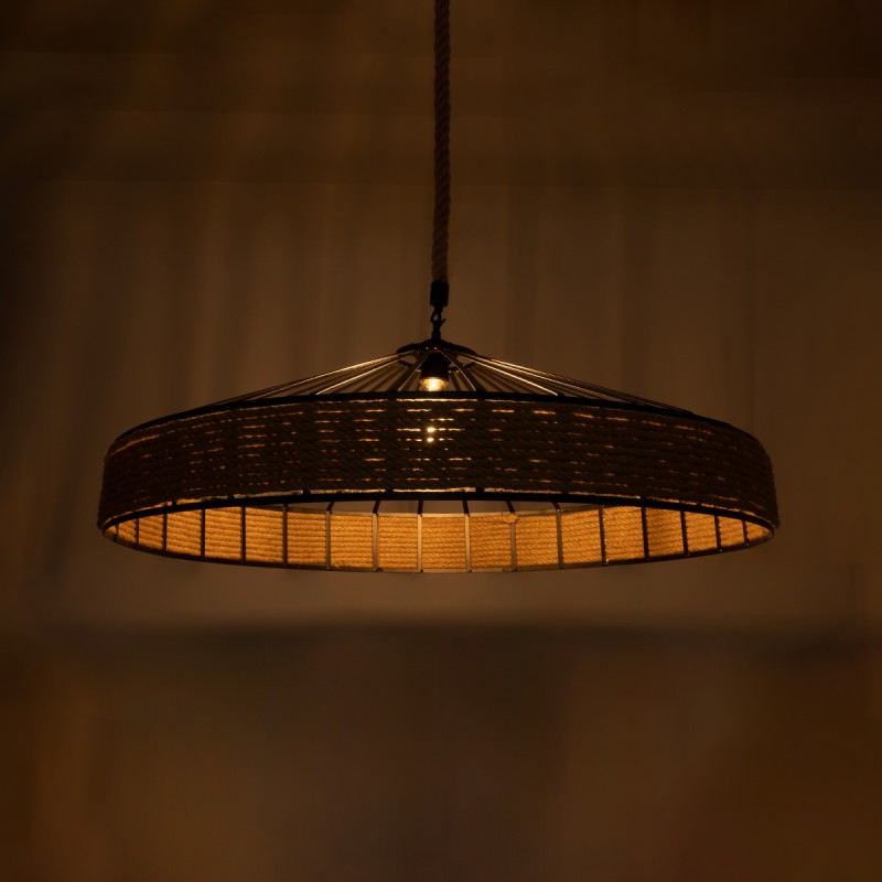GloboStar® SAHARA 01416 Moντέρνο Κρεμαστό Φωτιστικό Καπέλο Μονόφωτο 1 x E27 IP20 Μαύρο Μέταλλο με Μπεζ Σχοινί - Μ80 x Π80 x Y25cm