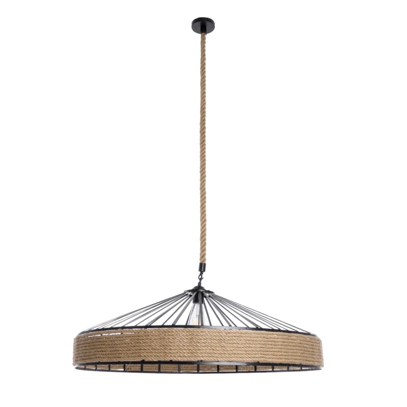 GloboStar® SAHARA 01416 Moντέρνο Κρεμαστό Φωτιστικό Καπέλο Μονόφωτο 1 x E27 IP20 Μαύρο Μέταλλο με Μπεζ Σχοινί - Μ80 x Π80 x Y25cm