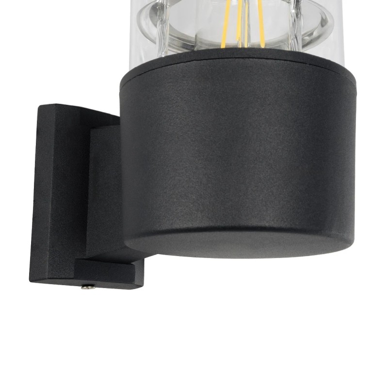 GloboStar® NEWI 01419 Μοντέρνο Επιτοίχιο Φωτιστικό Απλίκα Μονόφωτο 1 x E27 IP20 Μαύρο & Ασημί Μέταλλο με Διάφανο Γυαλί - Μ11 x Π17 x Υ23cm