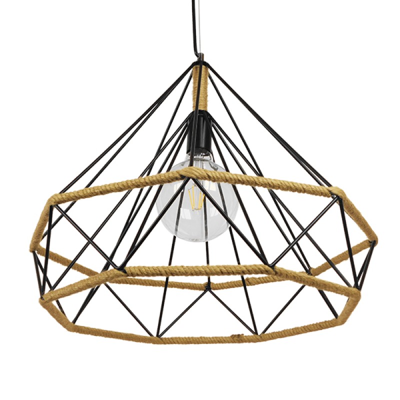 GloboStar® FLUTED 01422 Vintage Κρεμαστό Φωτιστικό Πλέγμα Μονόφωτο 1 x E27 IP20 Μαύρο Μέταλλο με Μπεζ Σχοινί - Μ50 x Π50 x Y44cm