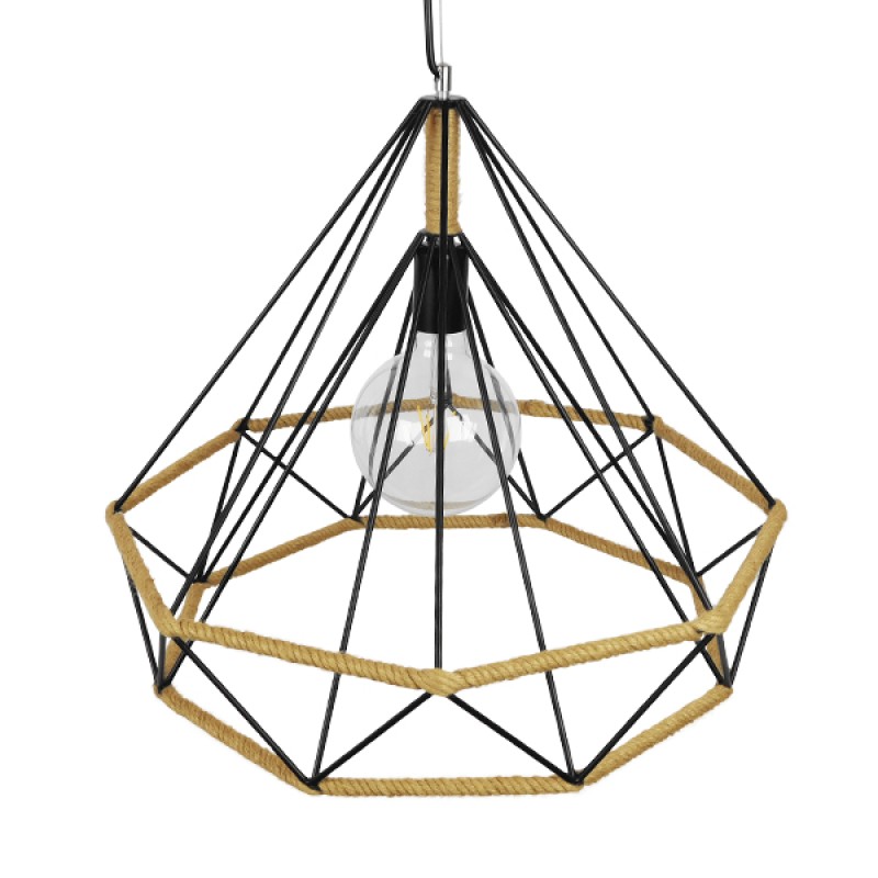 GloboStar® FLUTED 01422 Vintage Κρεμαστό Φωτιστικό Πλέγμα Μονόφωτο 1 x E27 IP20 Μαύρο Μέταλλο με Μπεζ Σχοινί - Μ50 x Π50 x Y44cm