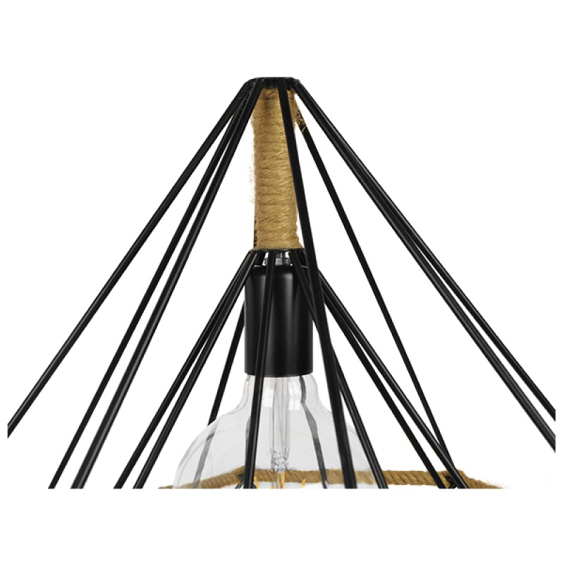 GloboStar® FLUTED 01422 Vintage Κρεμαστό Φωτιστικό Πλέγμα Μονόφωτο 1 x E27 IP20 Μαύρο Μέταλλο με Μπεζ Σχοινί - Μ50 x Π50 x Y44cm
