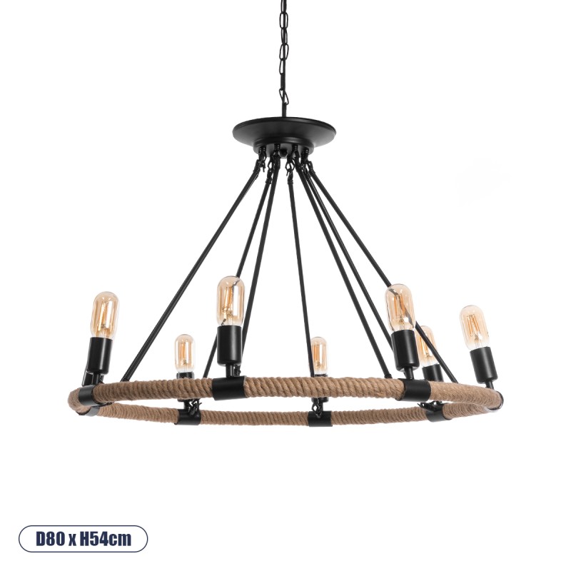 GloboStar® MILLBANK 01423 Vintage Κρεμαστό Φωτιστικό Πλέγμα Πολύφωτο 8 x E27 IP20 Μαύρο Μέταλλο με Μπεζ Σχοινί - Μ80 x Π80 x Y54cm