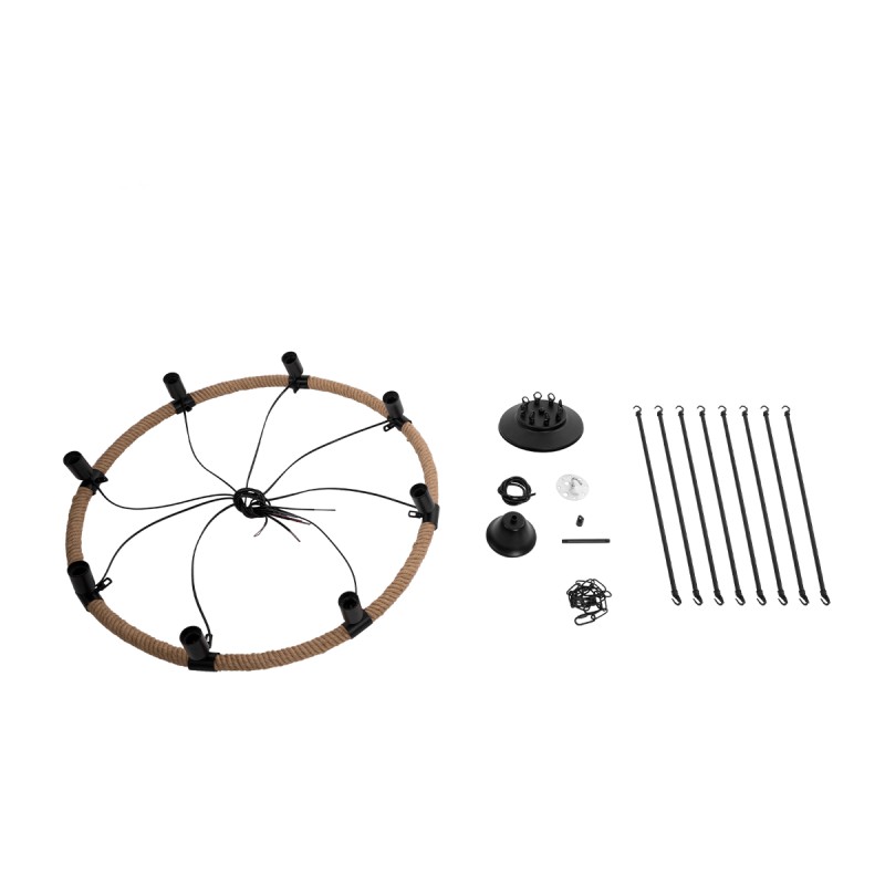 GloboStar® MILLBANK 01423 Vintage Κρεμαστό Φωτιστικό Πλέγμα Πολύφωτο 8 x E27 IP20 Μαύρο Μέταλλο με Μπεζ Σχοινί - Μ80 x Π80 x Y54cm