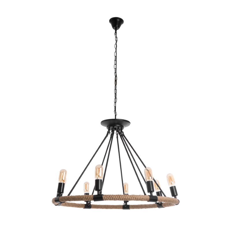 GloboStar® MILLBANK 01423 Vintage Κρεμαστό Φωτιστικό Πλέγμα Πολύφωτο 8 x E27 IP20 Μαύρο Μέταλλο με Μπεζ Σχοινί - Μ80 x Π80 x Y54cm