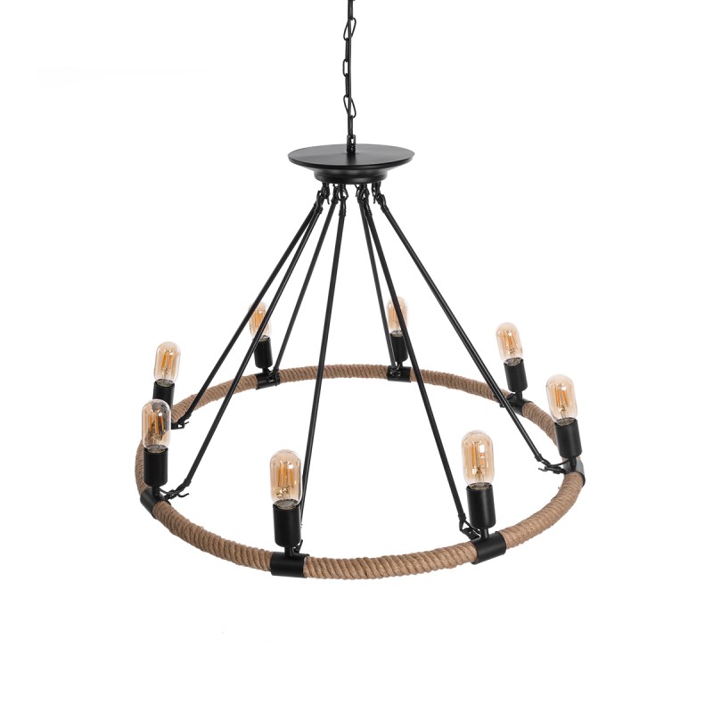 GloboStar® MILLBANK 01423 Vintage Κρεμαστό Φωτιστικό Πλέγμα Πολύφωτο 8 x E27 IP20 Μαύρο Μέταλλο με Μπεζ Σχοινί - Μ80 x Π80 x Y54cm