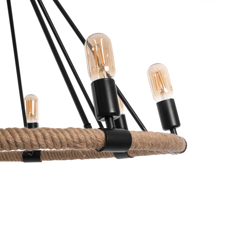 GloboStar® MILLBANK 01423 Vintage Κρεμαστό Φωτιστικό Πλέγμα Πολύφωτο 8 x E27 IP20 Μαύρο Μέταλλο με Μπεζ Σχοινί - Μ80 x Π80 x Y54cm