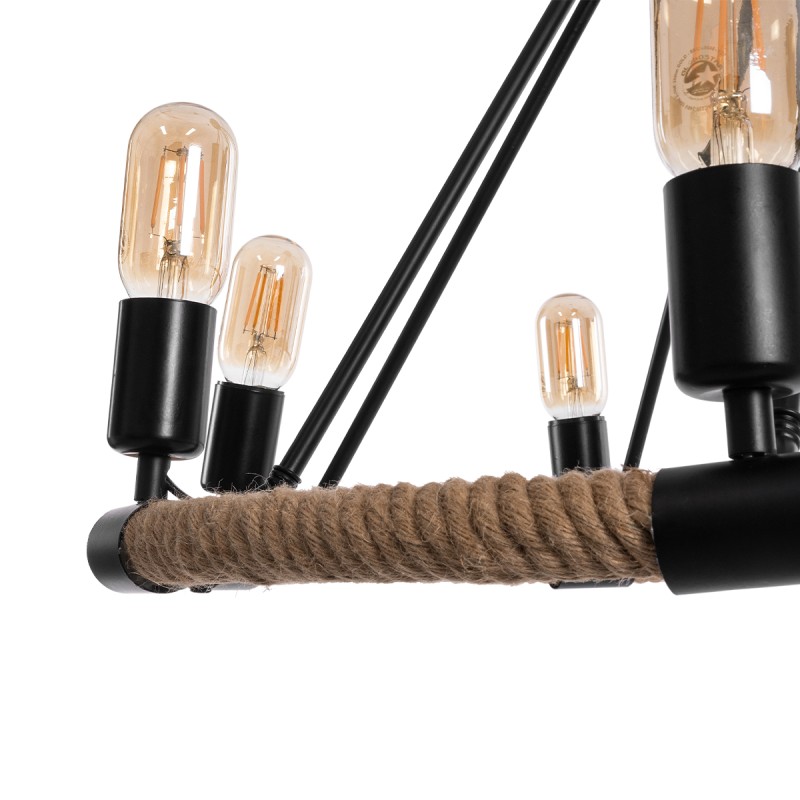 GloboStar® MILLBANK 01423 Vintage Κρεμαστό Φωτιστικό Πλέγμα Πολύφωτο 8 x E27 IP20 Μαύρο Μέταλλο με Μπεζ Σχοινί - Μ80 x Π80 x Y54cm