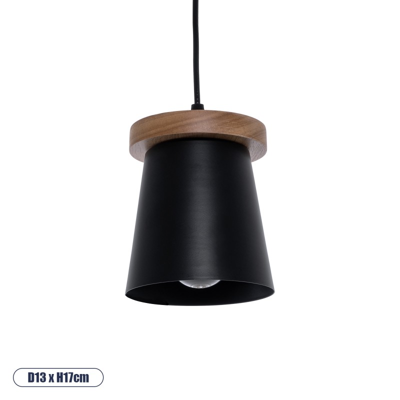 GloboStar® LANA 01424 Μοντέρνο Κρεμαστό Φωτιστικό Κύλινδρος Μονόφωτο 1 x E27 IP20 Μαύρο Μέταλλο με Καρυδί Ξύλο - Μ13 x Π13 x Y17cm