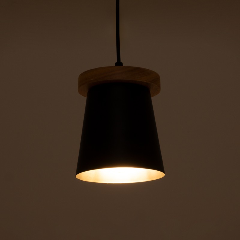 GloboStar® LANA 01424 Μοντέρνο Κρεμαστό Φωτιστικό Κύλινδρος Μονόφωτο 1 x E27 IP20 Μαύρο Μέταλλο με Καρυδί Ξύλο - Μ13 x Π13 x Y17cm