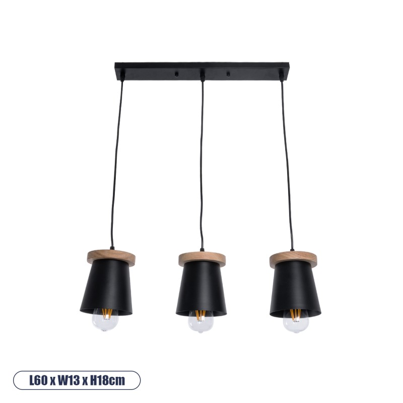 GloboStar® LANA 01425 Μοντέρνο Κρεμαστό Φωτιστικό Κύλινδρος Τρίφωτο 3 x E27 IP20 Μαύρο Μέταλλο με Καρυδί Ξύλο - Μ60 x Π13 x Υ18cm