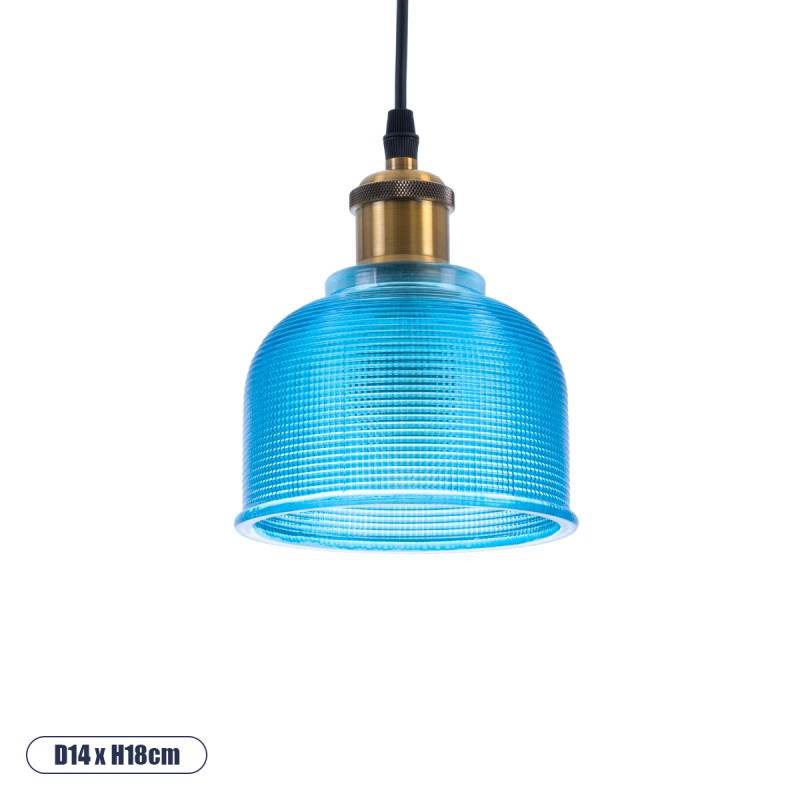 GloboStar® SEGRETO 01452 Vintage Κρεμαστό Φωτιστικό Μονόφωτο Καμπάνα 1 x E27 IP20 Μπλε Γυαλί με Χρυσό Μέταλλο - Μ14 x Π14 x Υ18cm