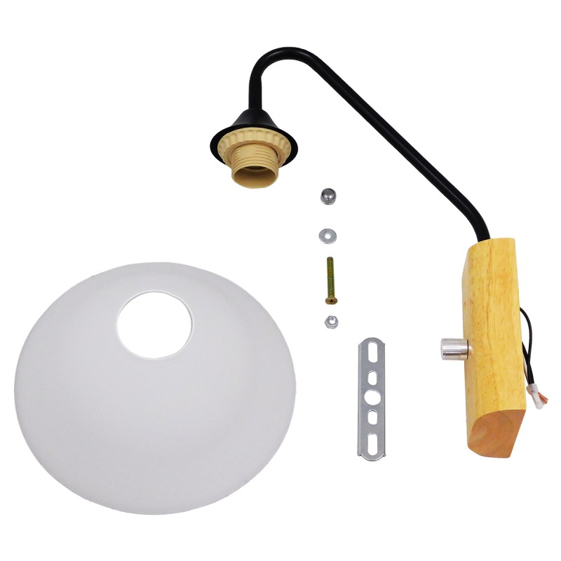 GloboStar® ALESSIA 01457 Μοντέρνο Επιτοίχιο Φωτιστικό Απλίκα Μονόφωτο 1 x E27 IP20 Μαύρο Μέταλλο, Λευκό Γυαλί με Μπεζ Ξύλο - Μ18 x Π26 x Υ29cm