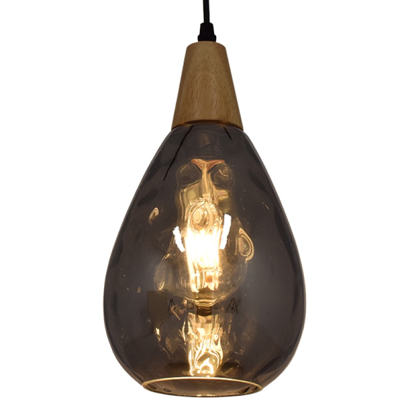 GloboStar® NOAH 01489 Μοντέρνο Κρεμαστό Φωτιστικό Ανάρτηση Μονόφωτο 1 x E27 IP20 Γκρι Γυαλί με Μπεζ Ξύλο - Μ16 x Π16 x Υ30cm