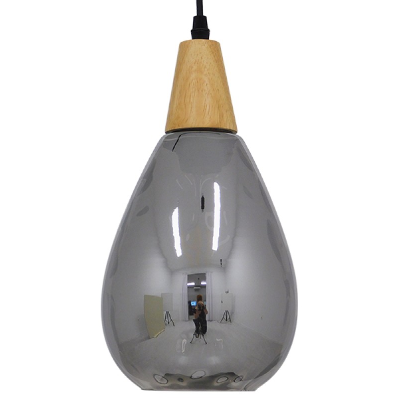 GloboStar® NOAH 01489 Μοντέρνο Κρεμαστό Φωτιστικό Ανάρτηση Μονόφωτο 1 x E27 IP20 Γκρι Γυαλί με Μπεζ Ξύλο - Μ16 x Π16 x Υ30cm
