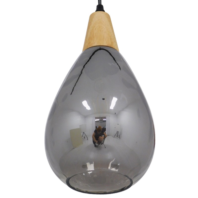 GloboStar® NOAH 01489 Μοντέρνο Κρεμαστό Φωτιστικό Ανάρτηση Μονόφωτο 1 x E27 IP20 Γκρι Γυαλί με Μπεζ Ξύλο - Μ16 x Π16 x Υ30cm