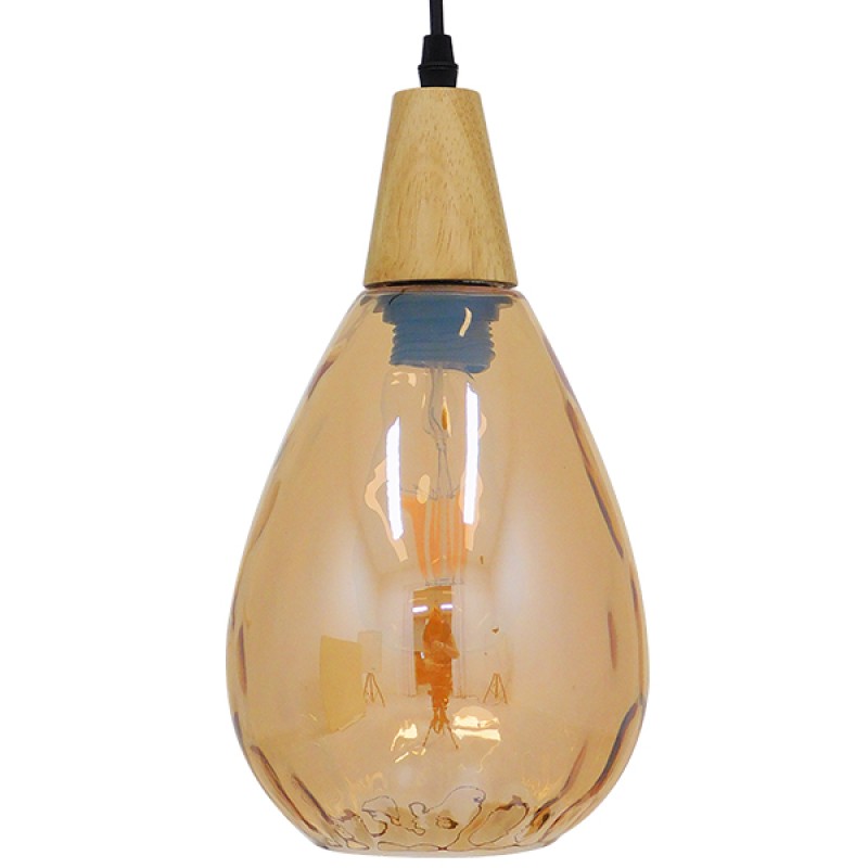 GloboStar® NOAH 01490 Μοντέρνο Κρεμαστό Φωτιστικό Ανάρτηση Μονόφωτο 1 x E27 IP20 Μελί Γυαλί με Μπεζ Ξύλο - Μ16 x Π16 x Υ30cm