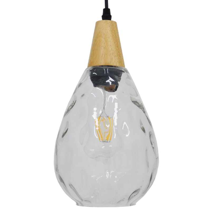 GloboStar® NOAH 01491 Μοντέρνο Κρεμαστό Φωτιστικό Ανάρτηση Μονόφωτο 1 x E27 IP20 Διάφανο Γυαλί με Μπεζ Ξύλο - Μ16 x Π16 x Υ30cm
