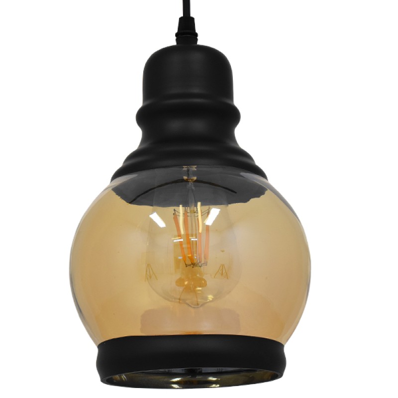 GloboStar® OLIVER 01505 Vintage Κρεμαστό Φωτιστικό Καμπάνα Μονόφωτο 1 x E27 IP20 Μελί Γυαλί με Μαύρο Μέταλλο - Μ16 x Π16 x Υ25cm