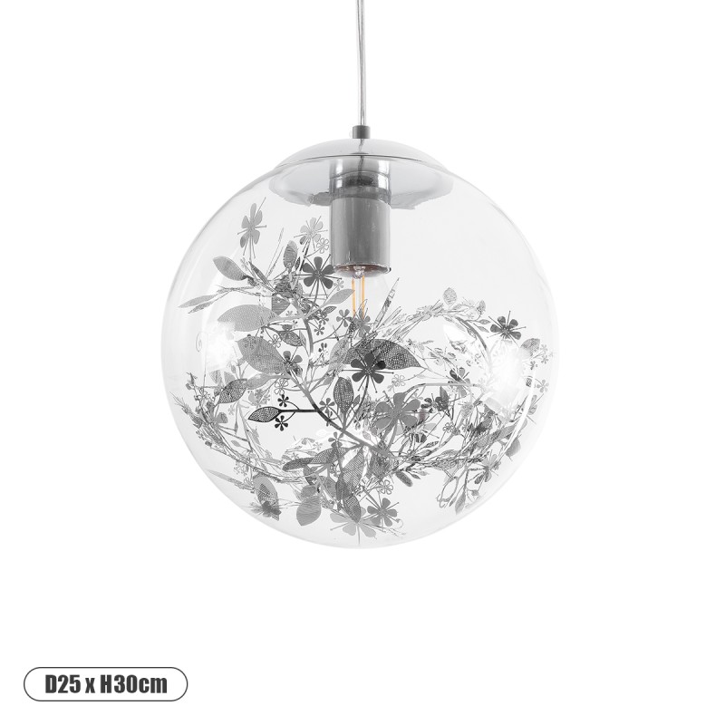 GloboStar® HARPER 01510 Μοντέρνο Κρεμαστό Φωτιστικό Μπάλα Μονόφωτο 1 x E27 IP20 Διάφανο Γυαλί με Ασημί Μέταλλο - Μ25 x Π25 x Υ30cm