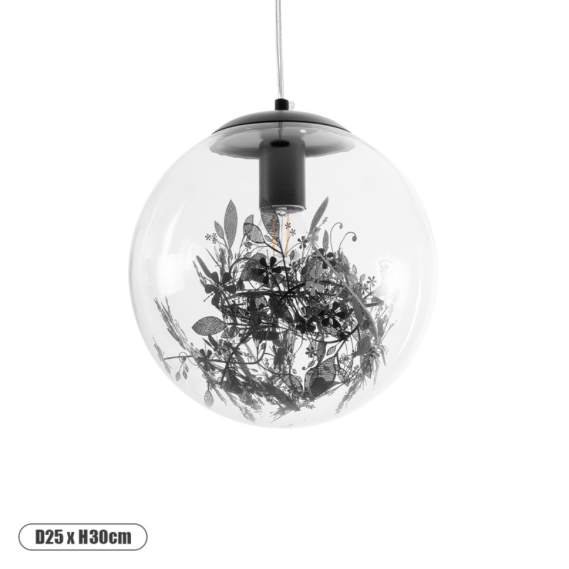 GloboStar® HARPER 01512 Μοντέρνο Κρεμαστό Φωτιστικό Μπάλα Μονόφωτο 1 x E27 IP20 Διάφανο Γυαλί με Μαύρο Μέταλλο - Μ25 x Π25 x Υ30cm