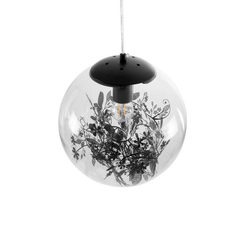 GloboStar® HARPER 01512 Μοντέρνο Κρεμαστό Φωτιστικό Μπάλα Μονόφωτο 1 x E27 IP20 Διάφανο Γυαλί με Μαύρο Μέταλλο - Μ25 x Π25 x Υ30cm