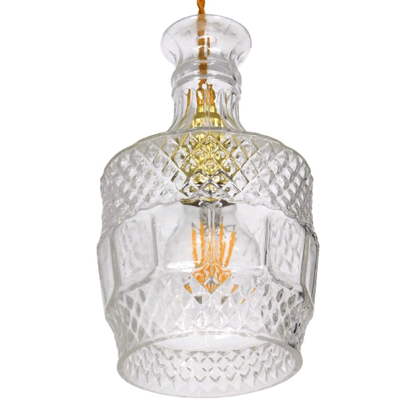 GloboStar® WHISKEY 01513 Vintage Κρεμαστό Φωτιστικό Ανάρτηση Μονόφωτο 1 x E27 IP20 Διάφανο Γυαλί - Μ13 x Π13 x Υ22cm