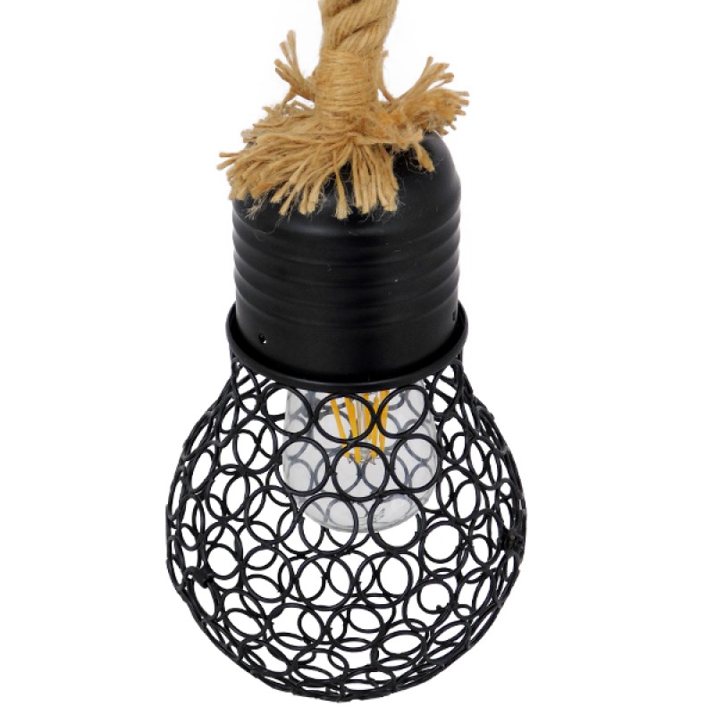 GloboStar® URBAN 01521 Vintage Κρεμαστό Φωτιστικό Πλέγμα Μονόφωτο 1 x E27 IP20 Μαύρο Μέταλλο με Μπεζ Σχοινί - Μ15 x Π15 x Υ25cm