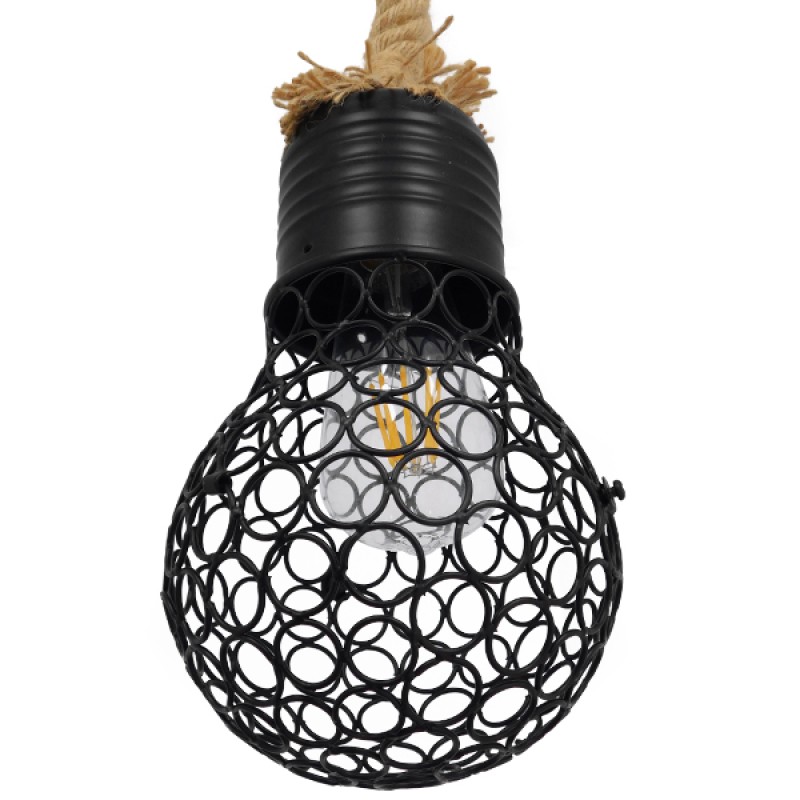 GloboStar® URBAN 01521 Vintage Κρεμαστό Φωτιστικό Πλέγμα Μονόφωτο 1 x E27 IP20 Μαύρο Μέταλλο με Μπεζ Σχοινί - Μ15 x Π15 x Υ25cm