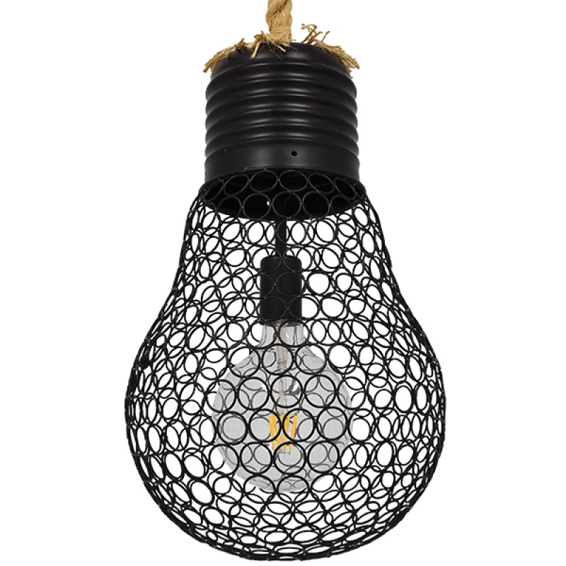 GloboStar® URBAN 01522 Vintage Κρεμαστό Φωτιστικό Πλέγμα Μονόφωτο 1 x E27 IP20 Μαύρο Μέταλλο με Μπεζ Σχοινί - Μ28 x Π28 x Υ40cm