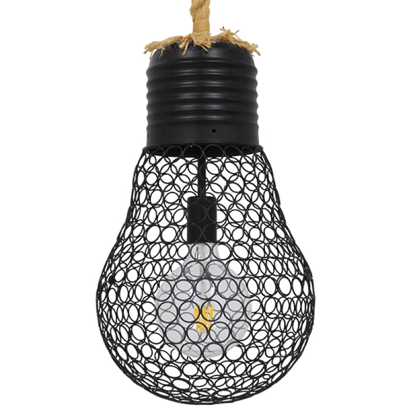GloboStar® URBAN 01522 Vintage Κρεμαστό Φωτιστικό Πλέγμα Μονόφωτο 1 x E27 IP20 Μαύρο Μέταλλο με Μπεζ Σχοινί - Μ28 x Π28 x Υ40cm