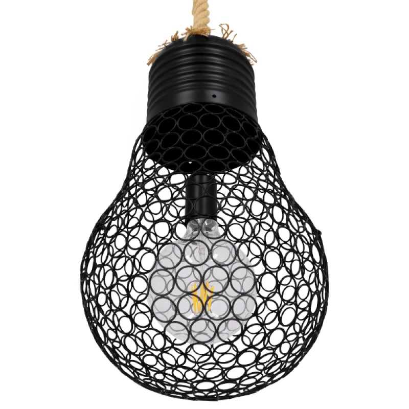 GloboStar® URBAN 01522 Vintage Κρεμαστό Φωτιστικό Πλέγμα Μονόφωτο 1 x E27 IP20 Μαύρο Μέταλλο με Μπεζ Σχοινί - Μ28 x Π28 x Υ40cm