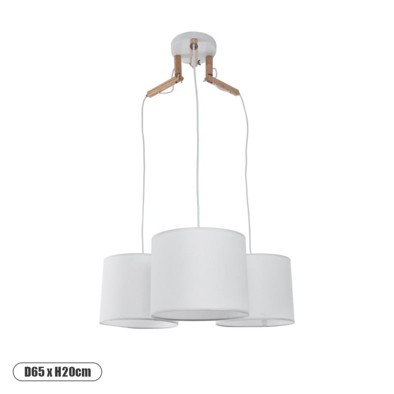 GloboStar® RAMSON 01526 Μοντέρνο Κρεμαστό Φωτιστικό Καπέλο Τρίφωτο 3 x E27 IP20 Λευκό Ύφασμα με Μπεζ Ξύλο - Μ65 x Π65 x Υ20cm