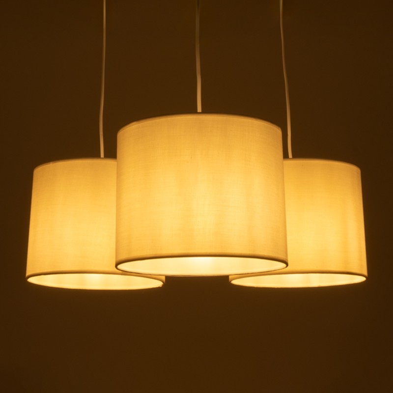 GloboStar® RAMSON 01526 Μοντέρνο Κρεμαστό Φωτιστικό Καπέλο Τρίφωτο 3 x E27 IP20 Λευκό Ύφασμα με Μπεζ Ξύλο - Μ65 x Π65 x Υ20cm