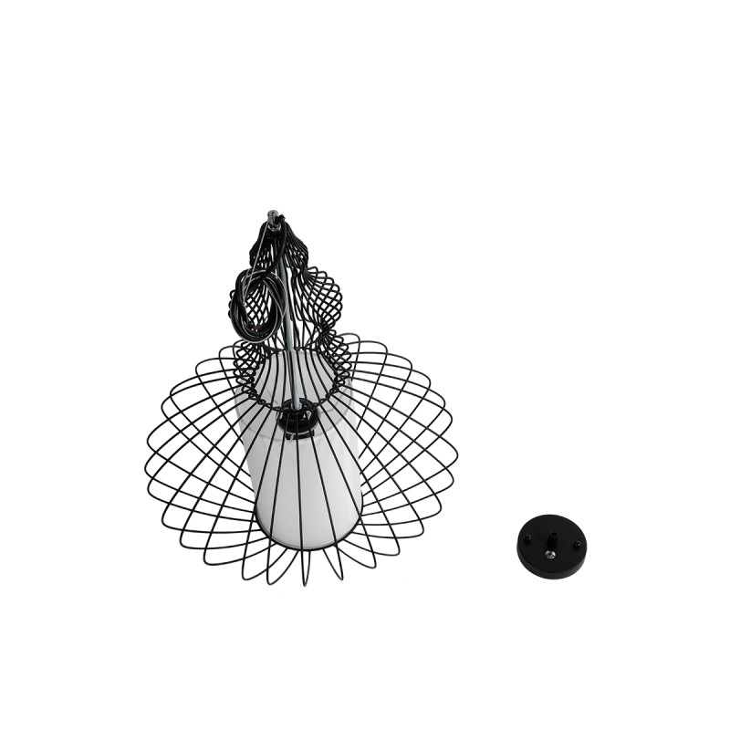 GloboStar® LILY 01558 Vintage Κρεμαστό Φωτιστικό Πλέγμα Μονόφωτο 1 x E27 IP20 Μαύρο Μέταλλο με Λευκό Ύφασμα - Μ43 x Π43 x Υ55cm