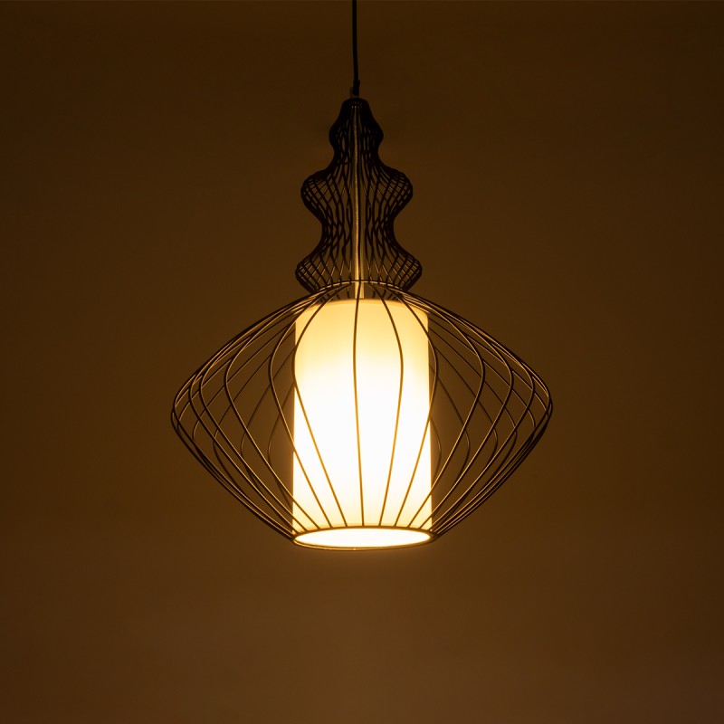 GloboStar® LILY 01558 Vintage Κρεμαστό Φωτιστικό Πλέγμα Μονόφωτο 1 x E27 IP20 Μαύρο Μέταλλο με Λευκό Ύφασμα - Μ43 x Π43 x Υ55cm
