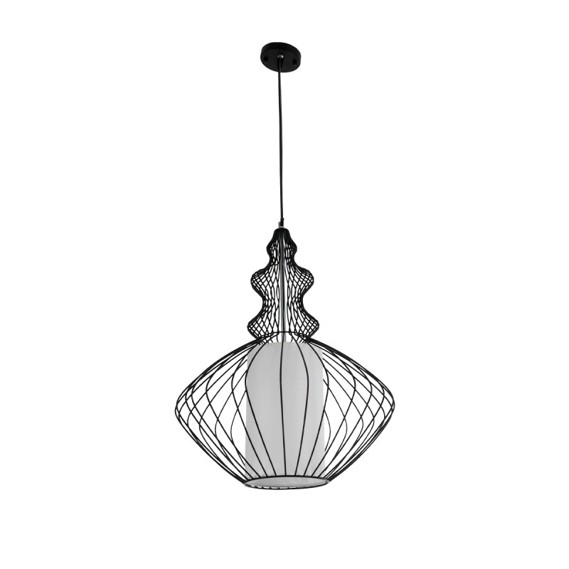 GloboStar® LILY 01558 Vintage Κρεμαστό Φωτιστικό Πλέγμα Μονόφωτο 1 x E27 IP20 Μαύρο Μέταλλο με Λευκό Ύφασμα - Μ43 x Π43 x Υ55cm