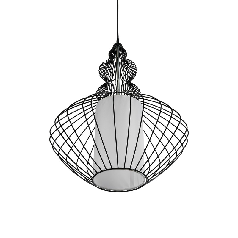 GloboStar® LILY 01558 Vintage Κρεμαστό Φωτιστικό Πλέγμα Μονόφωτο 1 x E27 IP20 Μαύρο Μέταλλο με Λευκό Ύφασμα - Μ43 x Π43 x Υ55cm