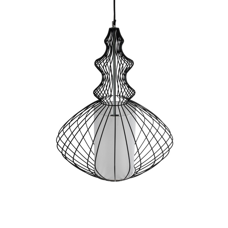 GloboStar® LILY 01558 Vintage Κρεμαστό Φωτιστικό Πλέγμα Μονόφωτο 1 x E27 IP20 Μαύρο Μέταλλο με Λευκό Ύφασμα - Μ43 x Π43 x Υ55cm