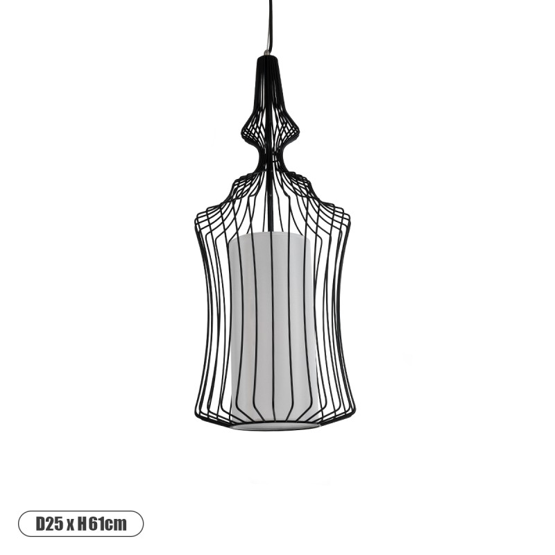 GloboStar® LILY 01559 Vintage Κρεμαστό Φωτιστικό Πλέγμα Μονόφωτο 1 x E27 IP20 Μαύρο Μέταλλο με Λευκό Ύφασμα - Μ25 x Π25 x Υ61cm