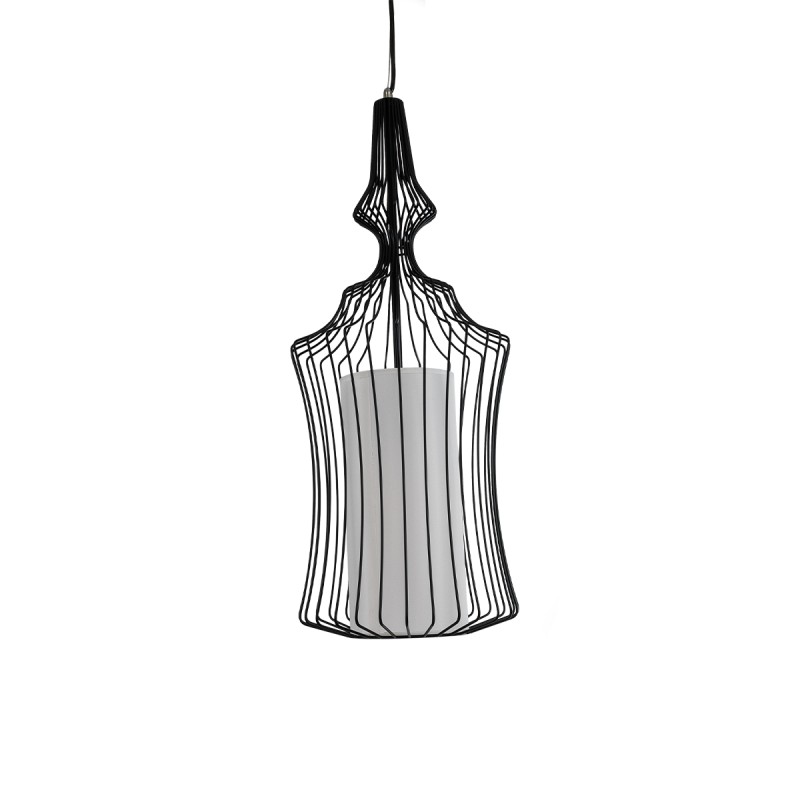 GloboStar® LILY 01559 Vintage Κρεμαστό Φωτιστικό Πλέγμα Μονόφωτο 1 x E27 IP20 Μαύρο Μέταλλο με Λευκό Ύφασμα - Μ25 x Π25 x Υ61cm
