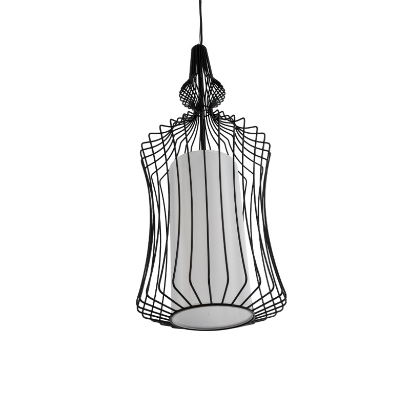 GloboStar® LILY 01559 Vintage Κρεμαστό Φωτιστικό Πλέγμα Μονόφωτο 1 x E27 IP20 Μαύρο Μέταλλο με Λευκό Ύφασμα - Μ25 x Π25 x Υ61cm