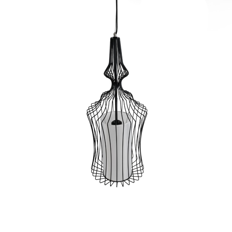 GloboStar® LILY 01559 Vintage Κρεμαστό Φωτιστικό Πλέγμα Μονόφωτο 1 x E27 IP20 Μαύρο Μέταλλο με Λευκό Ύφασμα - Μ25 x Π25 x Υ61cm