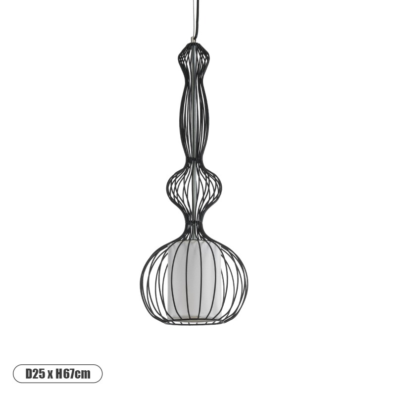 GloboStar® LILY 01560 Vintage Κρεμαστό Φωτιστικό Πλέγμα Μονόφωτο 1 x E27 IP20 Μαύρο Μέταλλο με Λευκό Ύφασμα - Μ25 x Π25 x Υ67cm