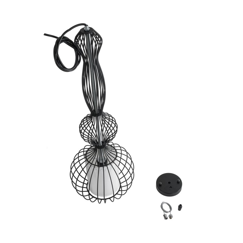 GloboStar® LILY 01560 Vintage Κρεμαστό Φωτιστικό Πλέγμα Μονόφωτο 1 x E27 IP20 Μαύρο Μέταλλο με Λευκό Ύφασμα - Μ25 x Π25 x Υ67cm