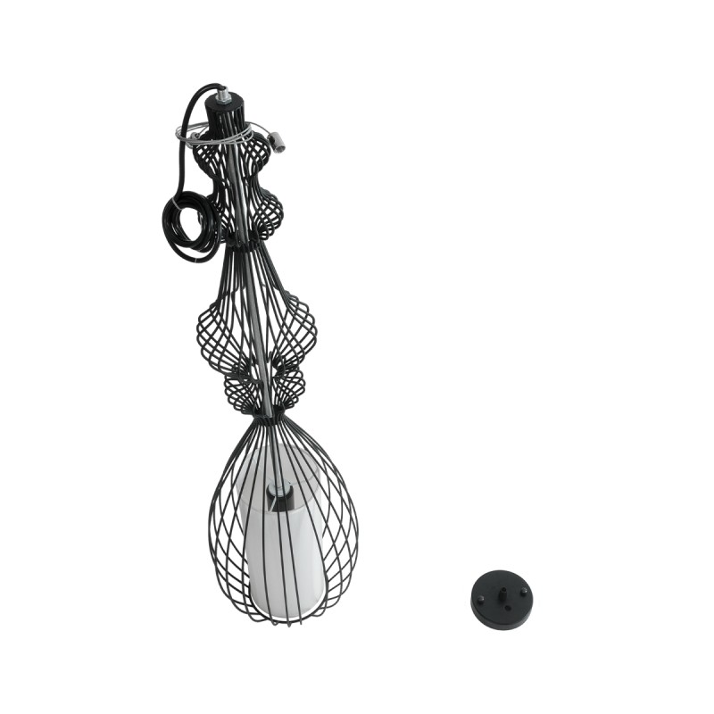 GloboStar® LILY 01561 Vintage Κρεμαστό Φωτιστικό Πλέγμα Μονόφωτο 1 x E27 IP20 Μαύρο Μέταλλο με Λευκό Ύφασμα - Μ90 x Π90 x Υ20cm