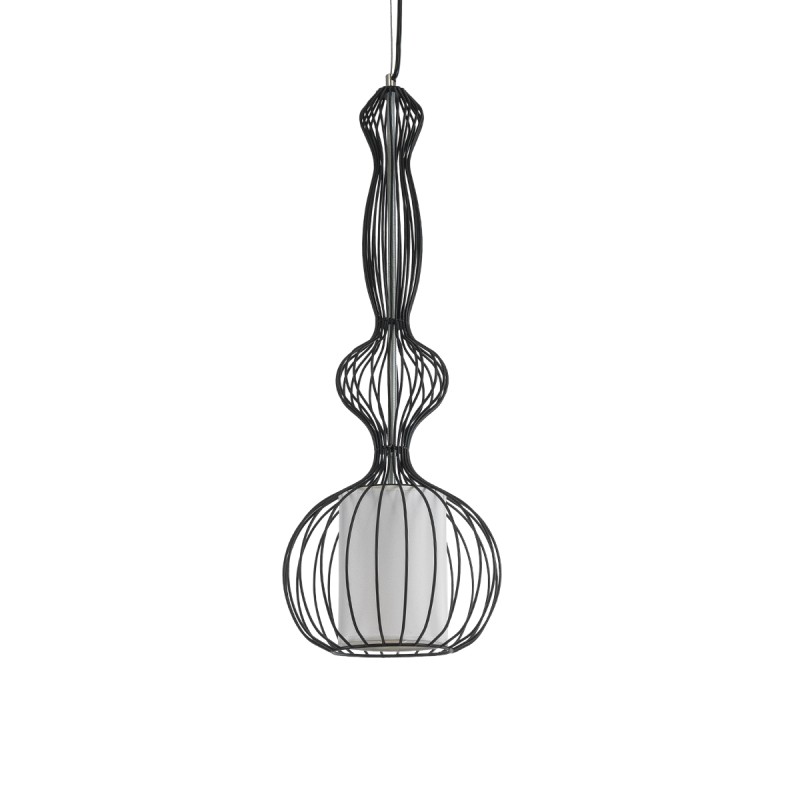 GloboStar® LILY 01560 Vintage Κρεμαστό Φωτιστικό Πλέγμα Μονόφωτο 1 x E27 IP20 Μαύρο Μέταλλο με Λευκό Ύφασμα - Μ25 x Π25 x Υ67cm
