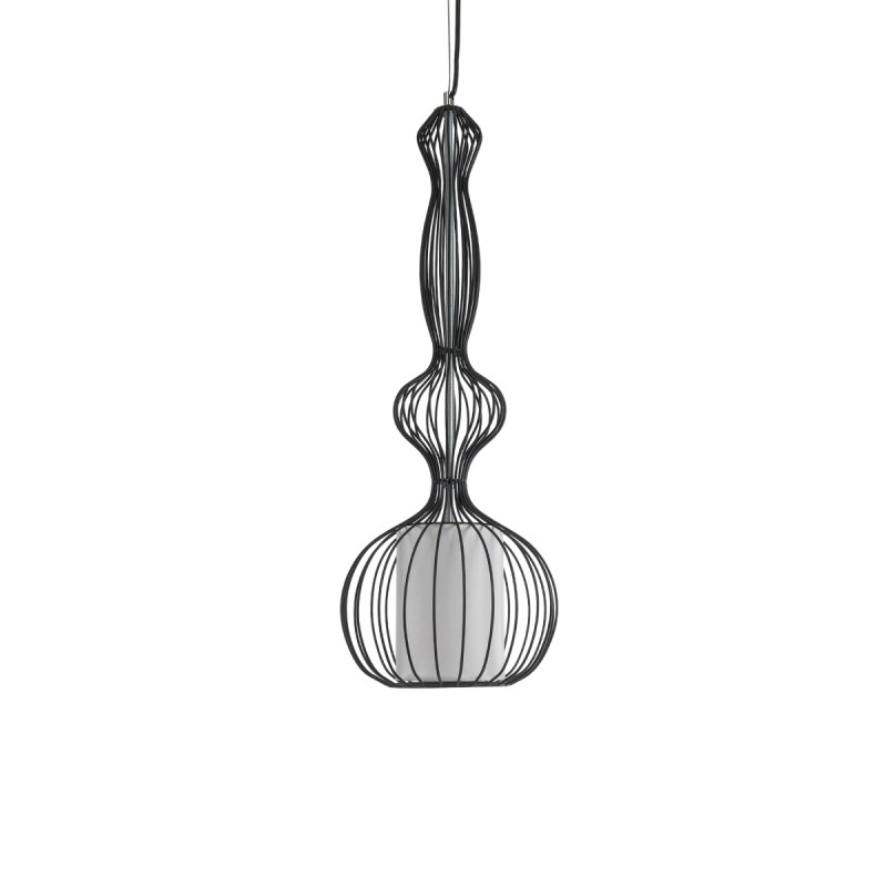 GloboStar® LILY 01560 Vintage Κρεμαστό Φωτιστικό Πλέγμα Μονόφωτο 1 x E27 IP20 Μαύρο Μέταλλο με Λευκό Ύφασμα - Μ25 x Π25 x Υ67cm