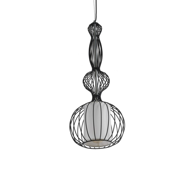 GloboStar® LILY 01560 Vintage Κρεμαστό Φωτιστικό Πλέγμα Μονόφωτο 1 x E27 IP20 Μαύρο Μέταλλο με Λευκό Ύφασμα - Μ25 x Π25 x Υ67cm